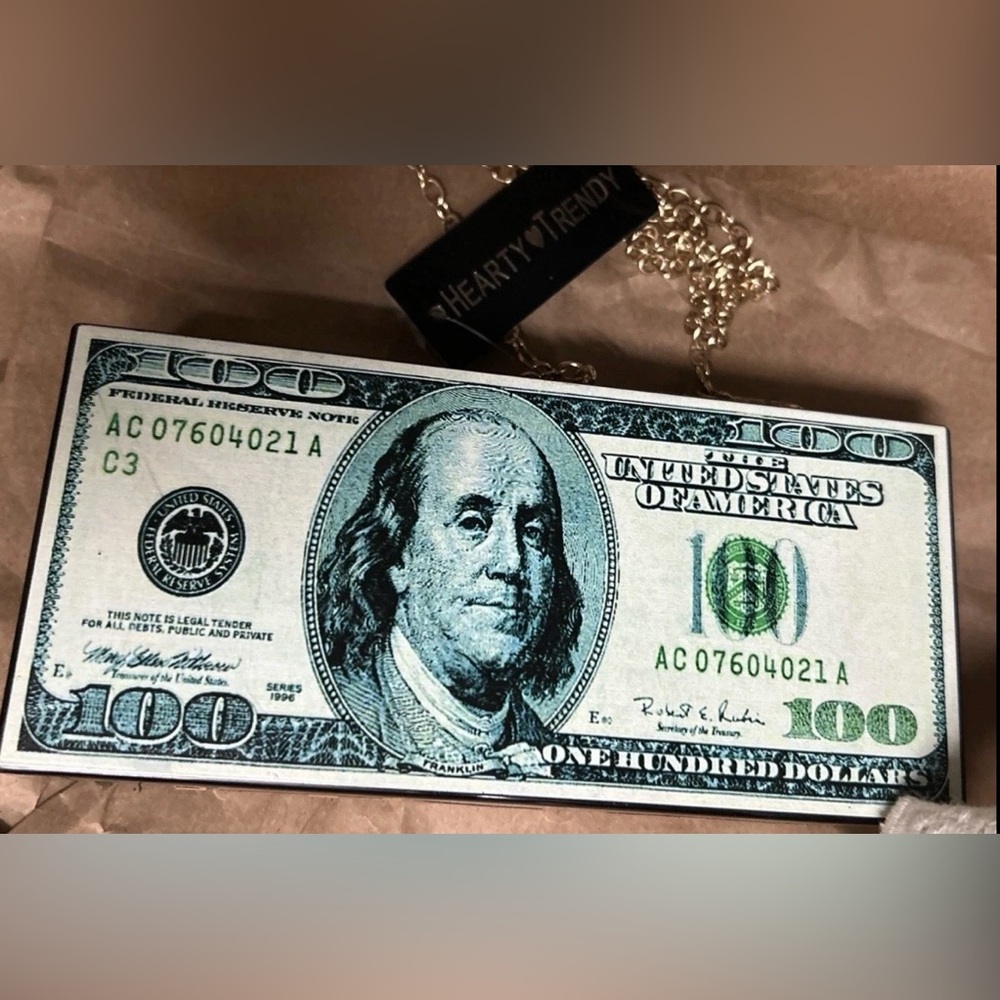 Novelty $100 Bill Clutch - Green and White Money Print